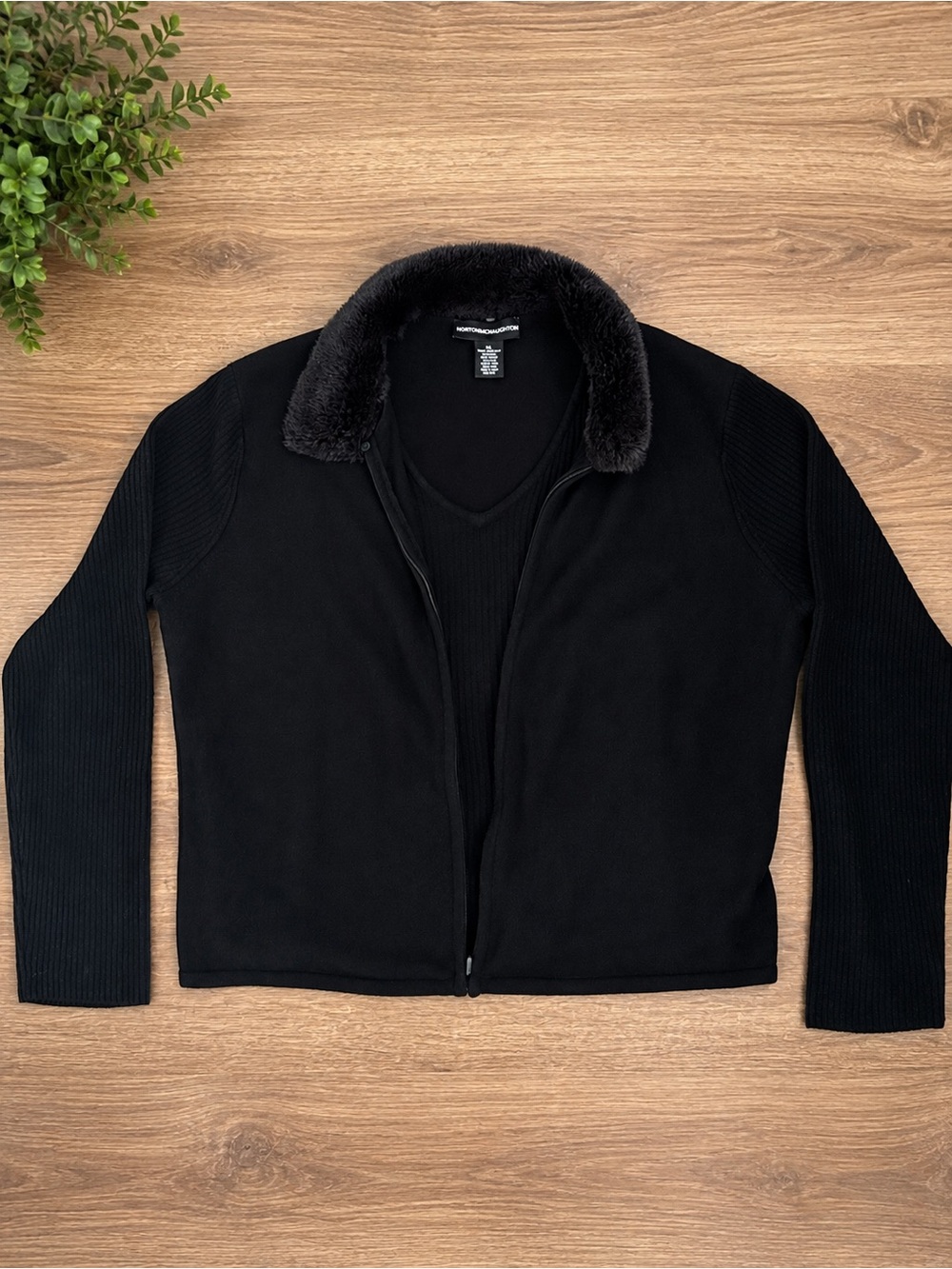 Norton McNaughton Black Zip Front Sweater Jacket XL Removable Faux Fur Collar